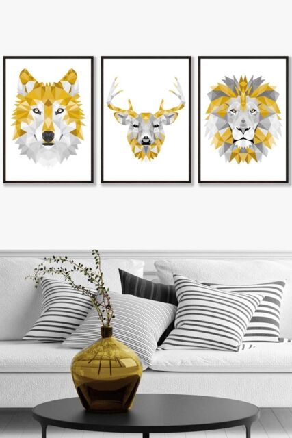 ARTZE Geometric Yellow Grey Animal Heads Framed Wall Art - Large in Black - Size: W53 cm x H73 cm x D20mm - image 1