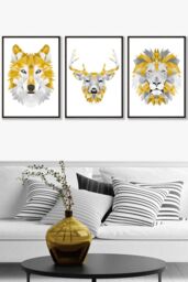 ARTZE Geometric Yellow Grey Animal Heads Framed Wall Art - Large in Black - Size: W53 cm x H73 cm x D20mm - thumbnail 1