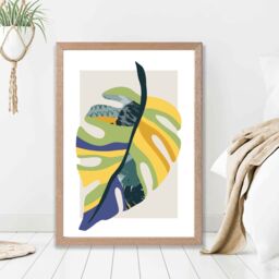 ARTZE Tropical Monstera Teal & Green Mid Century Modern Framed Print SIZE: A4 with Oak Frame - Size: A2 - thumbnail 2