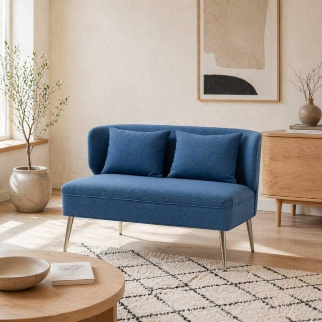 Wyld Haus Taco Linen Look Dark Blue 2 Seater Sofa Wingback Design Gold Metal - image 1