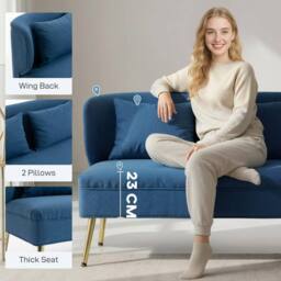 Wyld Haus Taco Linen Look Dark Blue 2 Seater Sofa Wingback Design Gold Metal - thumbnail 5