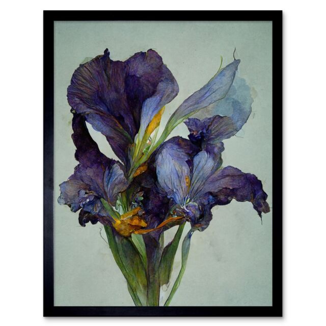 "Artery8 Wall Art Print Iris Floral Modern Watercolour Art Framed in Black - Size: W12"" x H16""" - image 1