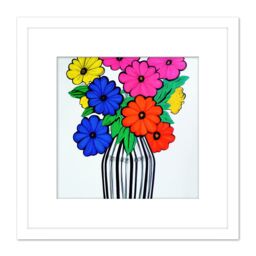 Artery8 Colourful Daisy Flower Bouquet In Vase Blue Pink Yellow Painting Square Wooden Framed Wall Art Print Picture 8X8 Inch in White - thumbnail 1