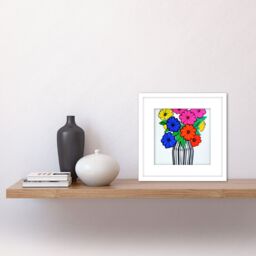 Artery8 Colourful Daisy Flower Bouquet In Vase Blue Pink Yellow Painting Square Wooden Framed Wall Art Print Picture 8X8 Inch in White - thumbnail 2
