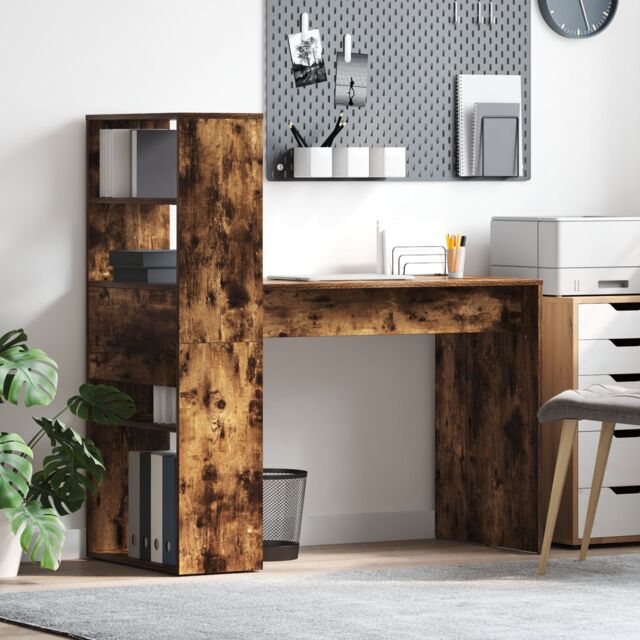 Berkfield Home Desk with Storage Smoked Oak 113x54x120 cm Engineered Wood in Brown - Size: 113 x 54 x 120 cm - image 1