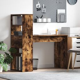 Berkfield Home Desk with Storage Smoked Oak 113x54x120 cm Engineered Wood in Brown - Size: 113 x 54 x 120 cm - thumbnail 1