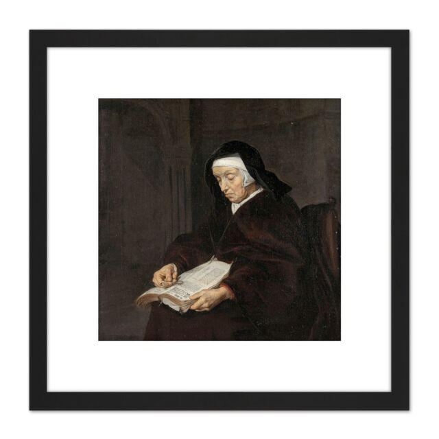 Artery8 Gabriel Metsu Old Woman Meditating Painting 8X8 Inch Square Wooden Framed Wall Art Print Picture with Mount in Black - image 1