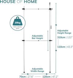 House of Home Telescopic Clothes Rack Wardrobe Organiser Hanging Rail Adjustable Storage in White - thumbnail 3