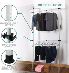 House of Home Telescopic Clothes Rack Wardrobe Organiser Hanging Rail Adjustable Storage in White - thumbnail 2