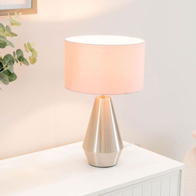 ValueLights Jax Brushed Chrome Dimmable Touch Table Lamp with Fabric Drum Shade in Baby Pink - image 1