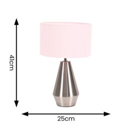 ValueLights Jax Brushed Chrome Dimmable Touch Table Lamp with Fabric Drum Shade in Baby Pink - thumbnail 6