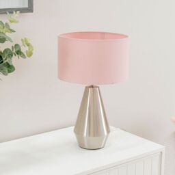 ValueLights Jax Brushed Chrome Dimmable Touch Table Lamp with Fabric Drum Shade in Baby Pink - thumbnail 5