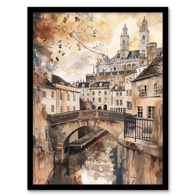 "Artery8 Bath England Historic Canal England Watercolour Framed Art Print in Beige - Size: W12"" x H16""" - image 1