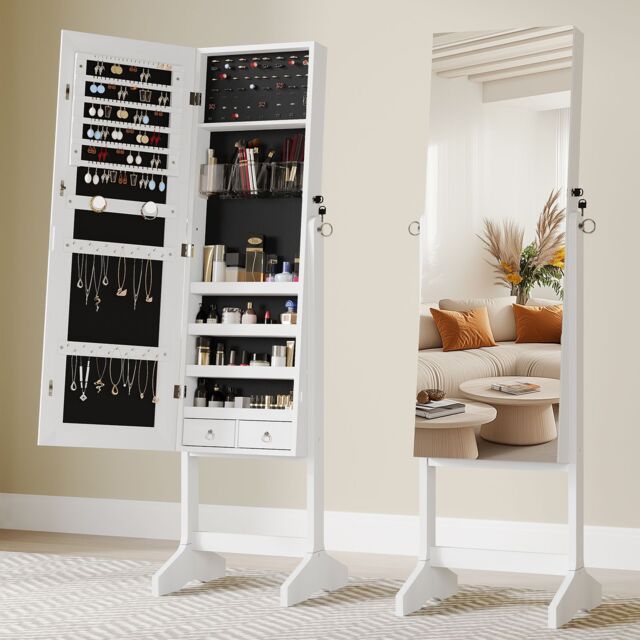 Dprodo Standing Jewelry Armoire Cabinet with Full Length Mirror in White - Size: 1 Pack - image 1