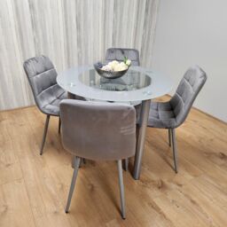 KOSY KOALA Round Glass Grey Kitchen Dining Table With Storage Shelf & 4 Grey Tufted Velvet Chairs Kitchen Dining Set