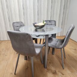 KOSY KOALA Round Glass Grey Kitchen Dining Table With Storage Shelf & 4 Grey Tufted Velvet Chairs Kitchen Dining Set - thumbnail 2