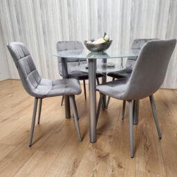 KOSY KOALA Round Glass Grey Kitchen Dining Table With Storage Shelf & 4 Grey Tufted Velvet Chairs Kitchen Dining Set - thumbnail 5