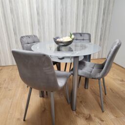 KOSY KOALA Round Glass Grey Kitchen Dining Table With Storage Shelf & 4 Grey Tufted Velvet Chairs Kitchen Dining Set - thumbnail 8