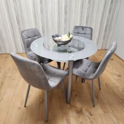 KOSY KOALA Round Glass Grey Kitchen Dining Table With Storage Shelf & 4 Grey Tufted Velvet Chairs Kitchen Dining Set - thumbnail 6