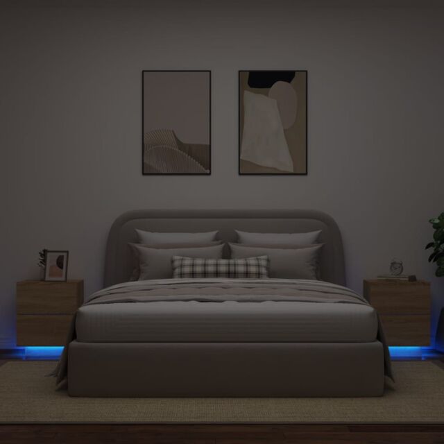 Berkfield Home Bedside Cabinets with LED Lights 2 pcs Sonoma Oak Engineered Wood in Brown - image 1