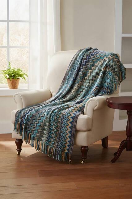 Living and Home Bohemian Sofa Throw Blanket with Tassels in Blue - image 1
