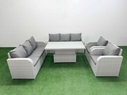Fimous PE Rattan High Back Lounge Sofa Set Patio Adjustable Lifting Dining or Coffee Table & Chairs Set with 3 Seater Sofa Reclining Chair Light Grey - thumbnail 1