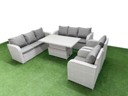 Fimous PE Rattan High Back Lounge Sofa Set Patio Adjustable Lifting Dining or Coffee Table & Chairs Set with 3 Seater Sofa Reclining Chair Light Grey - thumbnail 2