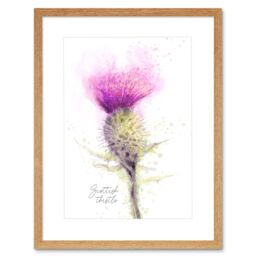 "Artery8 Wall Art Print Scottish Thistle Flower Head Watercolour Scotland Framed in Beige - Size: W7"" x H9""" - thumbnail 1