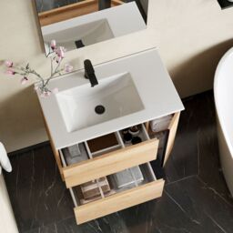 Banyetti Evora 800mm Wall Hung Vanity with Lira Offset Basin - Natural Oak in Light Brown - thumbnail 2