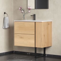 Banyetti Evora 800mm Wall Hung Vanity with Lira Offset Basin - Natural Oak in Light Brown - thumbnail 3