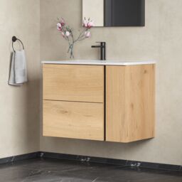 Banyetti Evora 800mm Wall Hung Vanity with Lira Offset Basin - Natural Oak in Light Brown - thumbnail 6