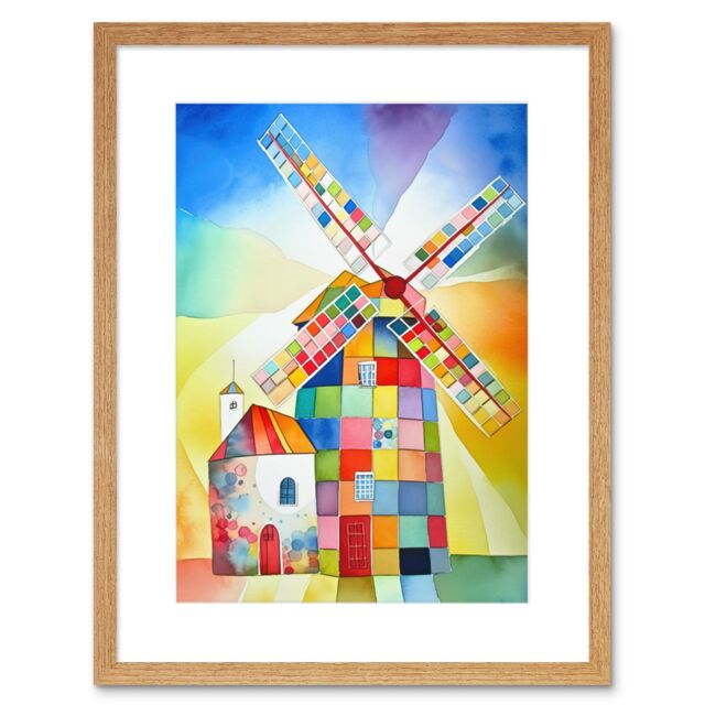 "Artery8 Wall Art Print Abstract Patchwork Windmill Old Amsterdam Folk Artwork Framed 9X7 Inch in Beige - Size: W7"" x H9""" - image 1