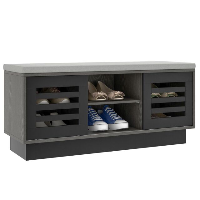 Costway Shoe Rack Storage Bench Organizer W/Cushion Adjustable Shelf Slide Door Grey - image 1
