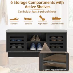 Costway Shoe Rack Storage Bench Organizer W/Cushion Adjustable Shelf Slide Door Grey - thumbnail 5