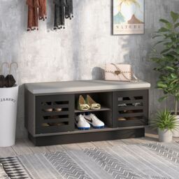 Costway Shoe Rack Storage Bench Organizer W/Cushion Adjustable Shelf Slide Door Grey - thumbnail 3