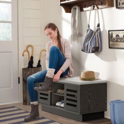Costway Shoe Rack Storage Bench Organizer W/Cushion Adjustable Shelf Slide Door Grey - thumbnail 4
