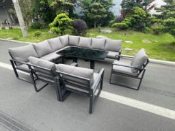 Aluminum Outdoor Garden Furniture Corner Sofa 3 Arm Chair Adjustable Rising Lifting Dining Table Set Dark Grey 10 Seater