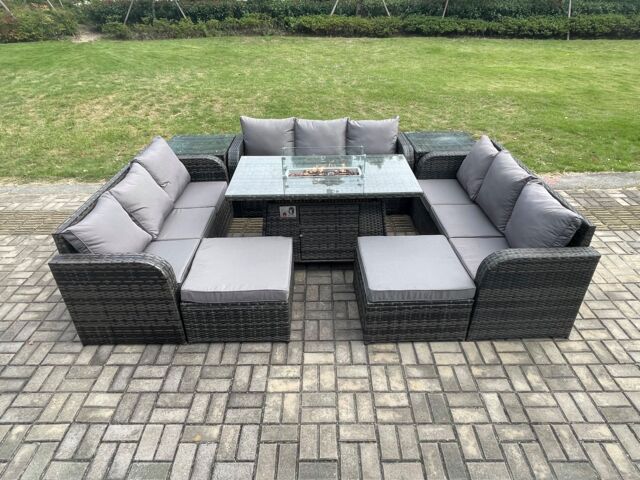 Fimous Outdoor Rattan Furniture Garden Dining Set Gas Fire Pit Table With 2 Side Tables Lounge Sofa 2 Big Footstool in Dark Grey - image 1