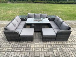 Fimous Outdoor Rattan Furniture Garden Dining Set Gas Fire Pit Table With 2 Side Tables Lounge Sofa 2 Big Footstool in Dark Grey - thumbnail 3
