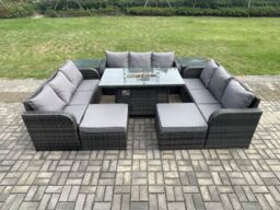Fimous Outdoor Rattan Furniture Garden Dining Set Gas Fire Pit Table With 2 Side Tables Lounge Sofa 2 Big Footstool in Dark Grey - thumbnail 1