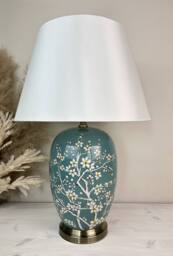 Downton Interiors Teal Green Blossom Ceramic Table Lamp with Plain Shade (G2122 Plain) - Size: Large - thumbnail 1