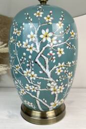 Downton Interiors Teal Green Blossom Ceramic Table Lamp with Plain Shade (G2122 Plain) - Size: Large - thumbnail 2