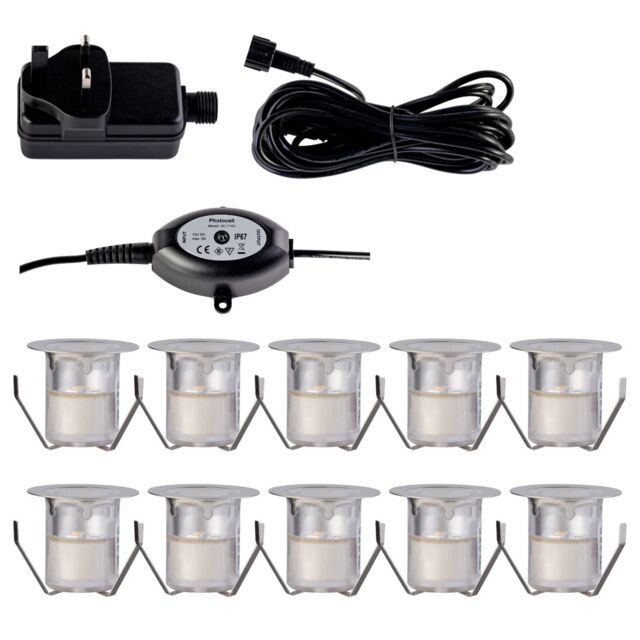 First Choice Lighting Set of 10 - 30mm IP67 Warm White LED Decking Kit with Photocell in Silver - image 1