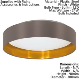 Loops Flush Ceiling Light Colour White Shade Cappuccino Gold Fabric Bulb LED 24W - thumbnail 2