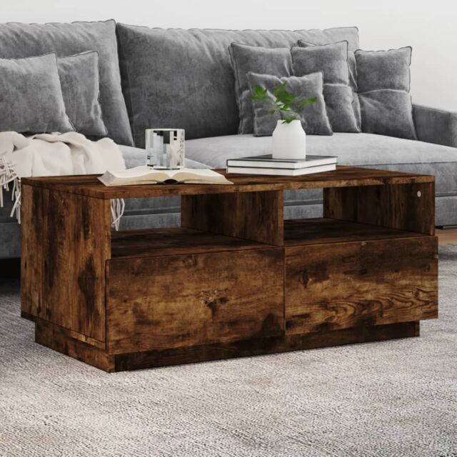 Berkfield Home Coffee Table with LED Lights Smoked Oak 90x49x40 cm in Brown - Size: 90 x 49 x 40 cm - image 1