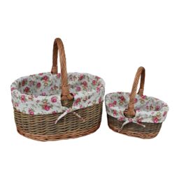 Red Hamper Wicker Set of Two Country Oval Shopping Baskets in Natural