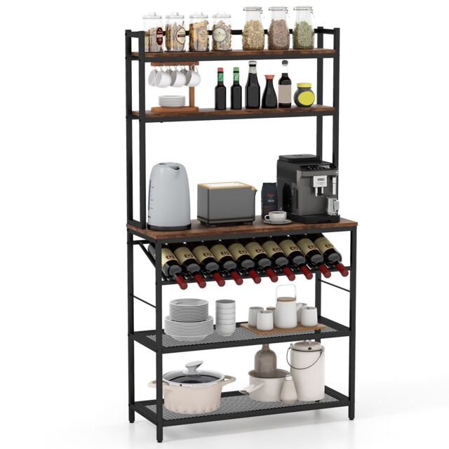 Costway 6-Tier Kitchen Baker Rack Industrial Storage Shelf Microwave Stand w/ Slanted Wine Bottle Holder in Brown - image 1