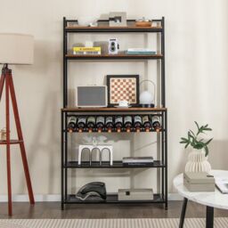 Costway 6-Tier Kitchen Baker Rack Industrial Storage Shelf Microwave Stand w/ Slanted Wine Bottle Holder in Brown - thumbnail 4