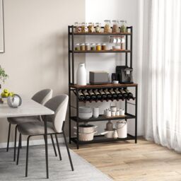 Costway 6-Tier Kitchen Baker Rack Industrial Storage Shelf Microwave Stand w/ Slanted Wine Bottle Holder in Brown - thumbnail 3