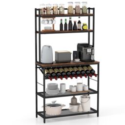 Costway 6-Tier Kitchen Baker Rack Industrial Storage Shelf Microwave Stand w/ Slanted Wine Bottle Holder in Brown - thumbnail 1